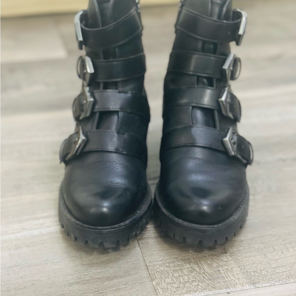 Blondo Black Leather Combat Moto Boots with Buckle Straps